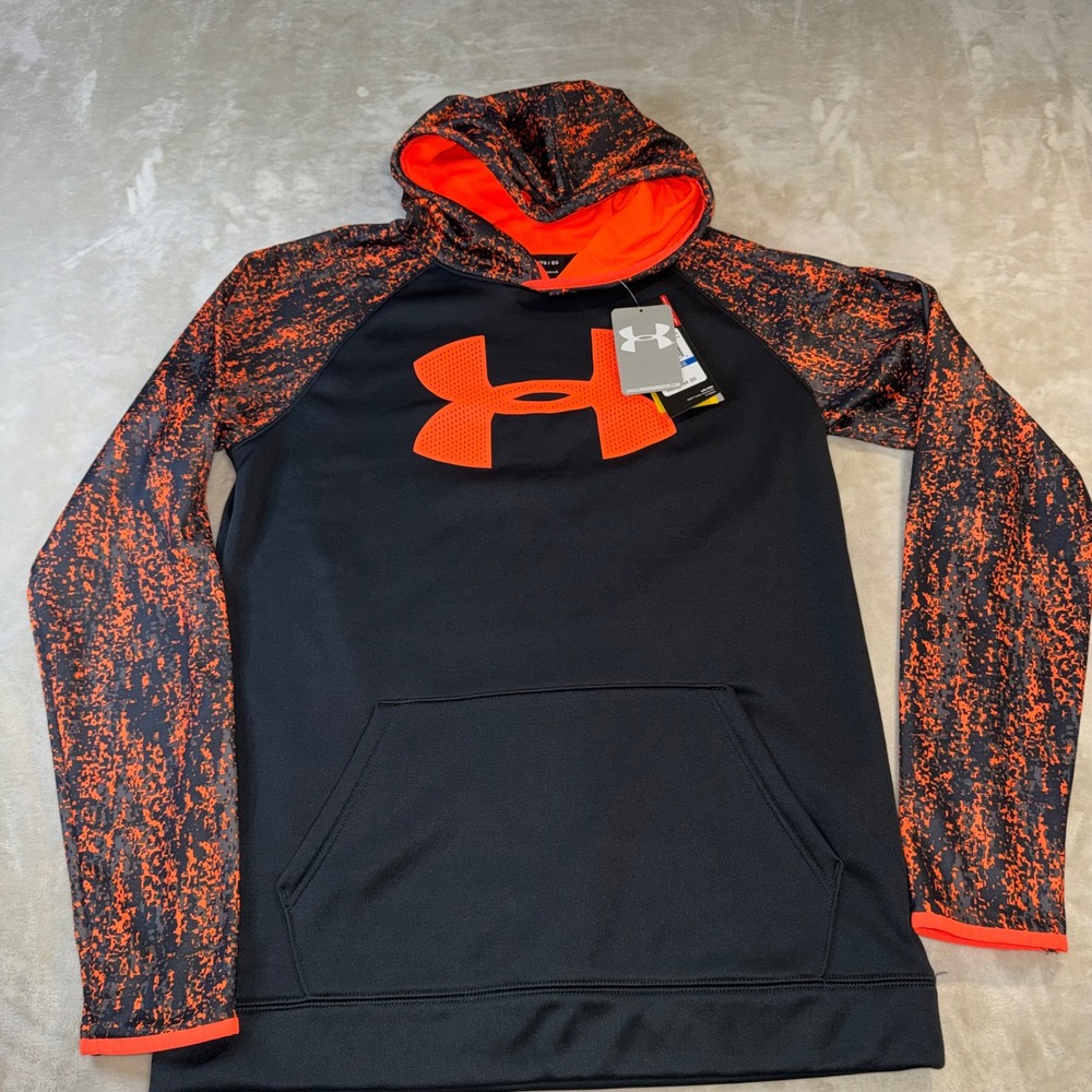 Under Armour Storm ColdGear Hoodie Kids YXL Black Orange Big Logo Sweatshirt